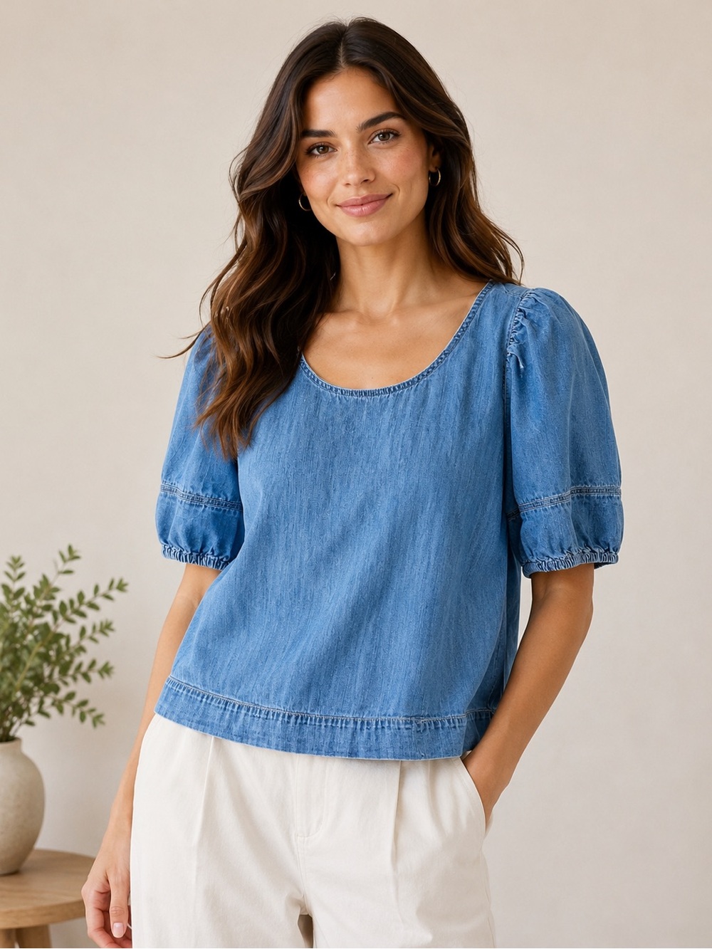 LOFT Chambray Puff Sleeve Blouse | Size Small | Soft Denim Blue